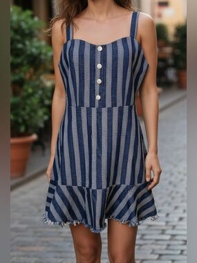Umgee NWT Denim Stripe Mini Dress L Frayed Hem Boho Summer Adjustable Straps